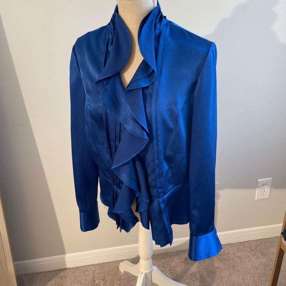Vintage Jones New York Ruffle Statement Sleeve Blue Silk Button Up Size Medium